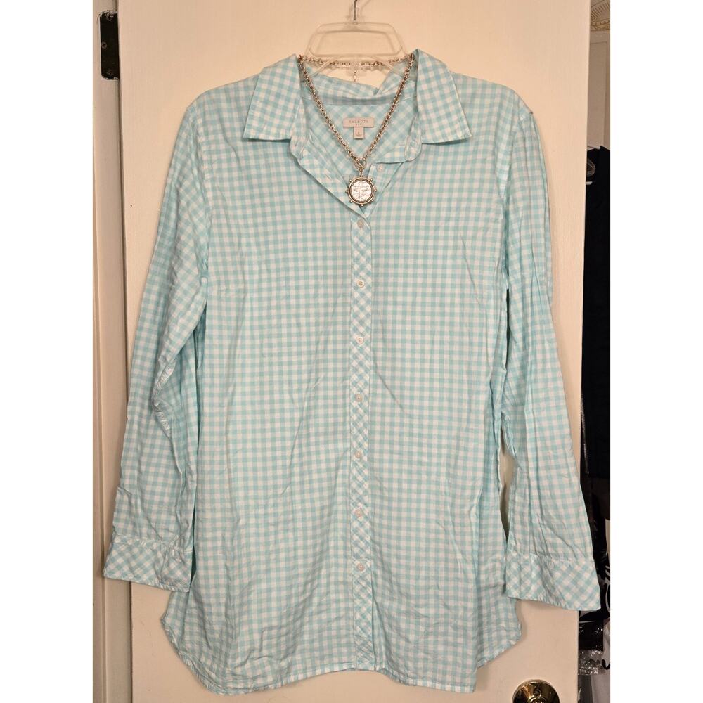 Talbots 🩵 Turquoise Aqua Blue Gingham Long Sleeve Button Up Shirt - Women's L